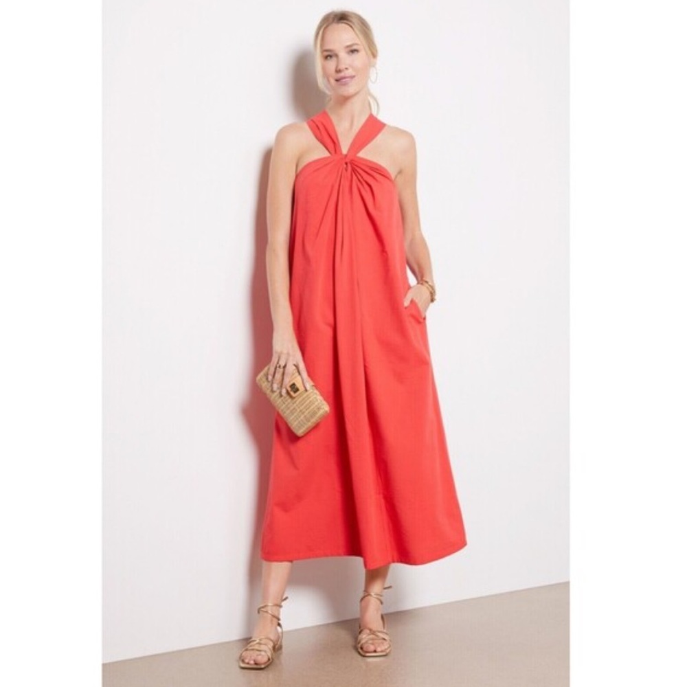 Faherty $198 Bay Twist Seersucker Midi Dress in Hibiscus
